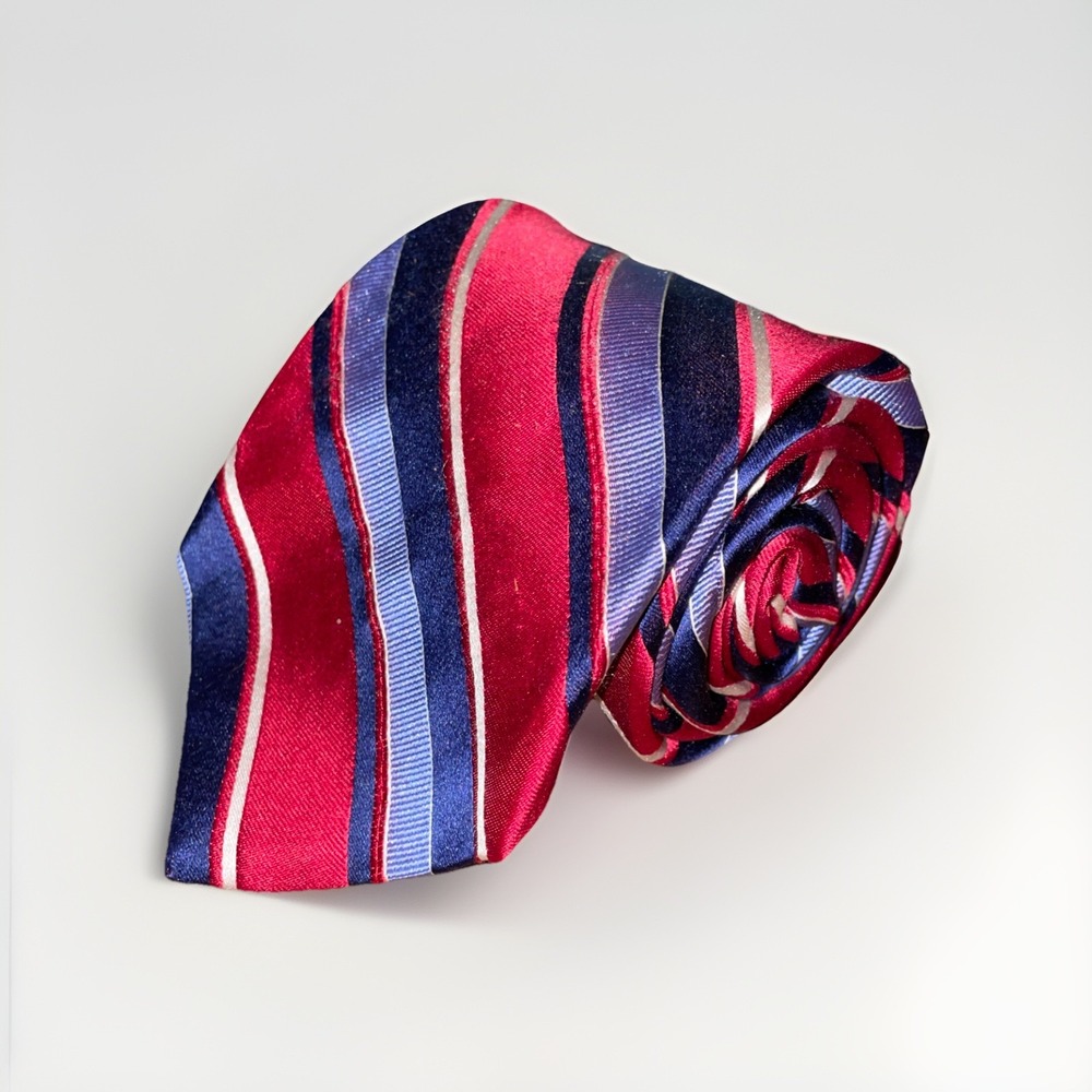 Vintage Silk Neck Tie Saks Fifth avenue Maroon Navy Blue And Red Striped